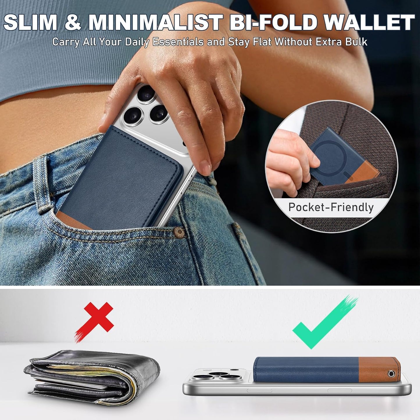 TUCCH for Magsafe Wallet, 6 Card Slots with RFID Blocking, Blue & Brown | for iPhone 17/17e/16/15/14/13/12 Pro/Pro Max/Plus, Clear ID Window, Magnetic Phone Wallet, PU Leather