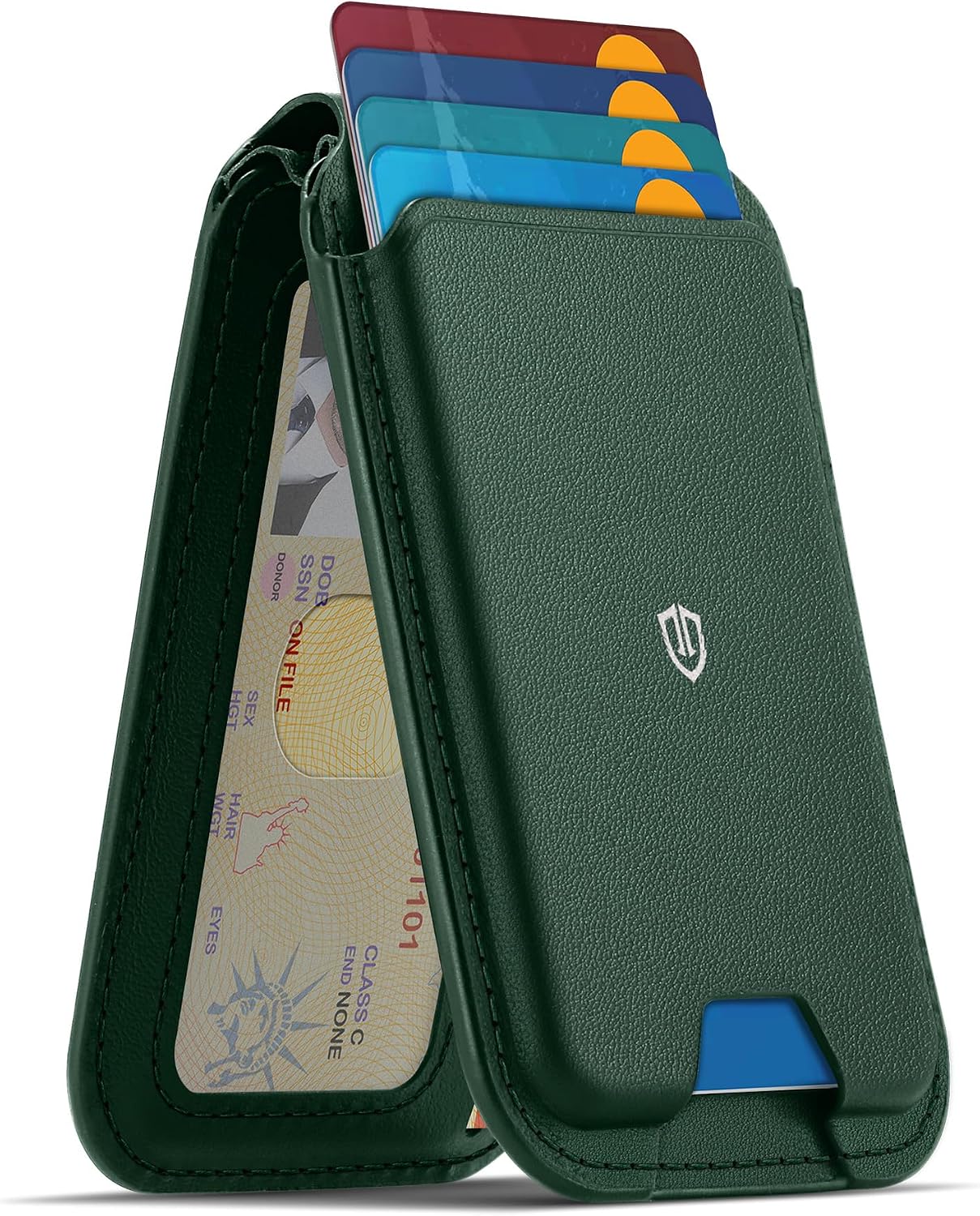 SHIELDON Genuine Leather Magnetic Wallet Stand for MagSafe, Evergreen | Strong Magnetic, 6 Card Holders, Kickstand, Rfid Blocking, Quick-access, ID Window, for iPhone 17/16/15/14/13/12 Series