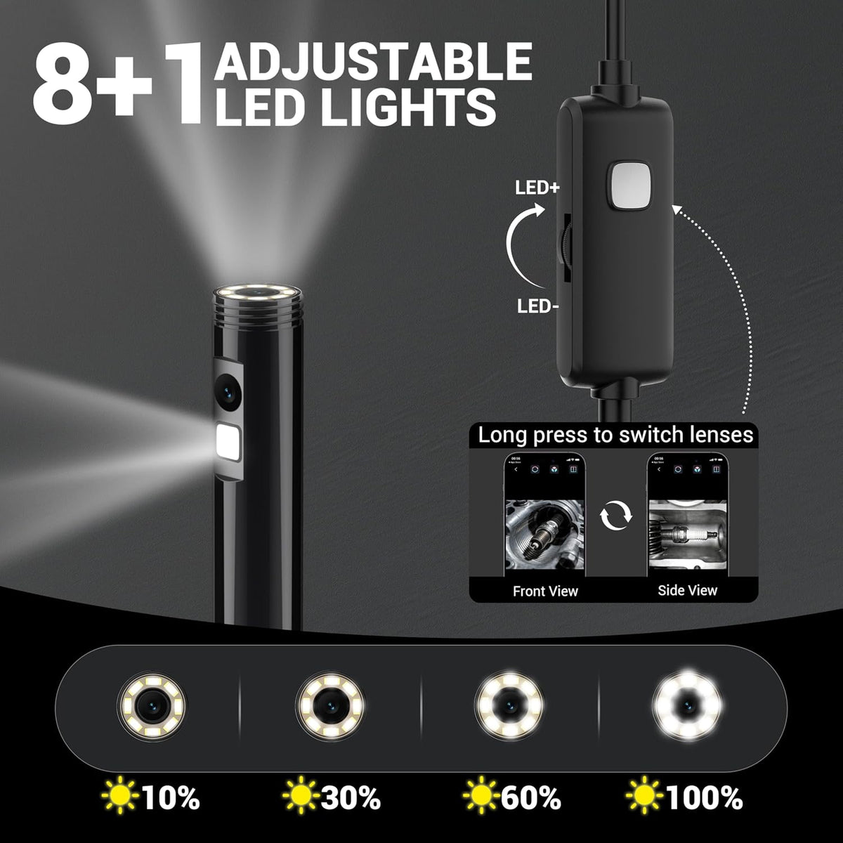 Dual-Lens Endoscope Camera with Light, 1920P HD Borescope Inspection Camera | IP67 Waterproof Endoscope with 8+1 Adjustable LED Lights and 16.4FT Semi-Rigid Snake Cable for iOS and Android