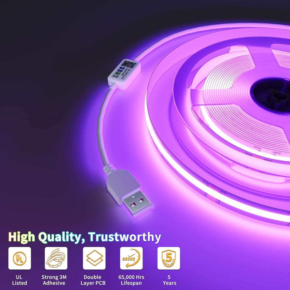 PAUTIX 5V USB COB RGB LED Strip Light 4.92ft/1.5m Color Changing Light Strips,TV Backlight Multicolor Flexible Under Cabinet Tape Lights with Bluetooth Control for Bedroom,Kitchen,Home DIY Lighting