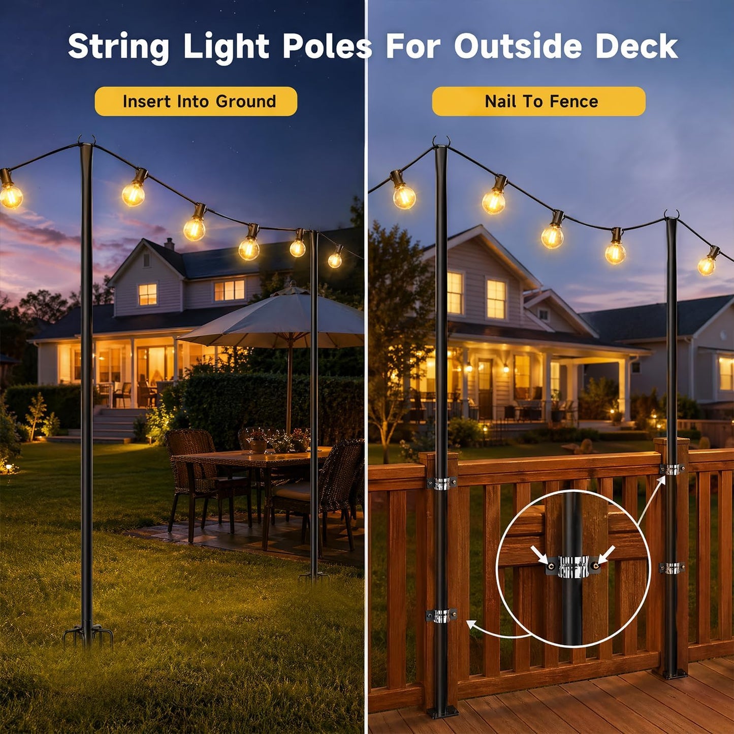 6 Pack 9FT String Light Poles for Outdoor,Metal Lights Hanging Pole Outside with Fork,Light Stand for Patio, Pergola, Garden, Backyard, Yard, Camping Party