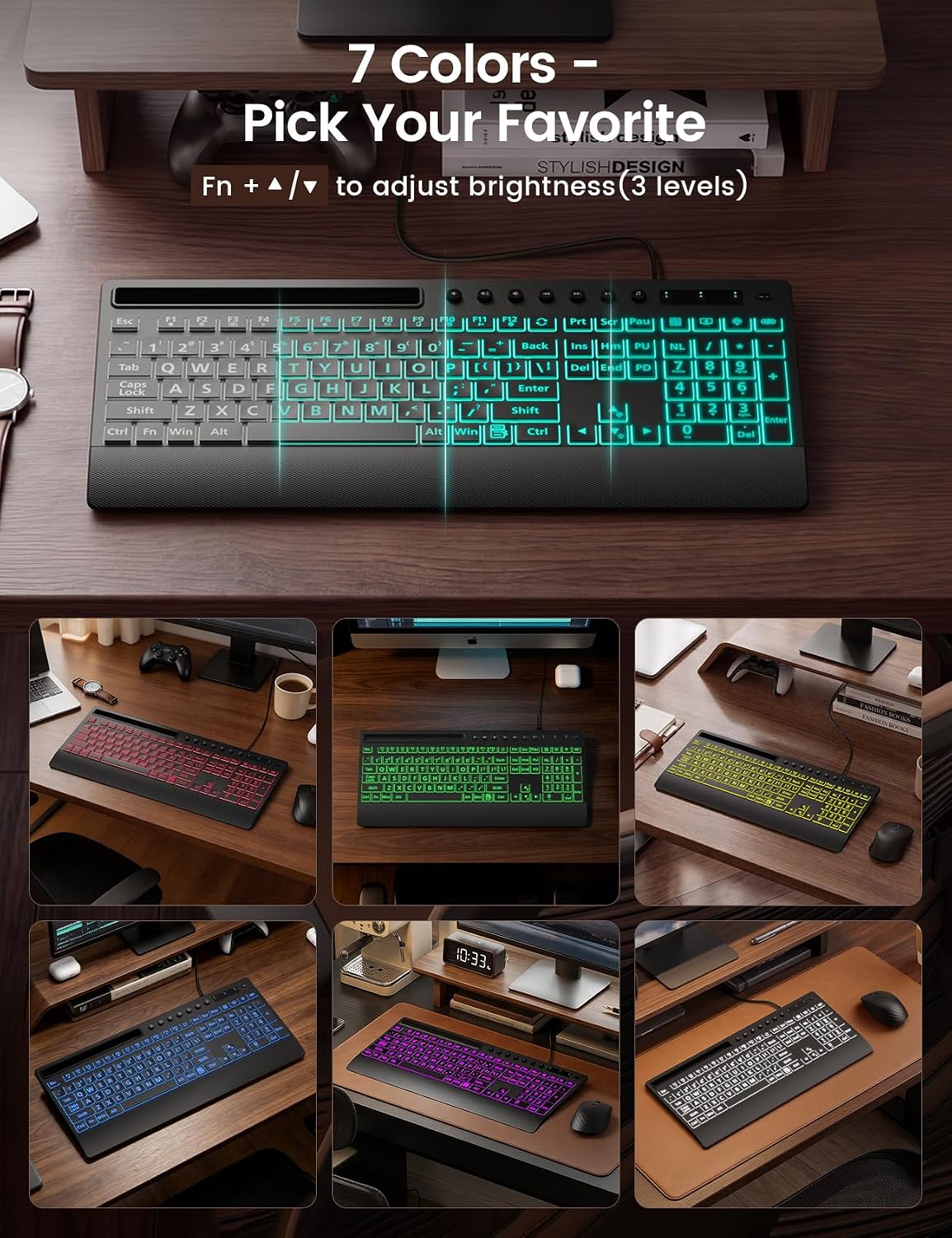 SABLUTE Wired Large Print Backlit Keyboard with Wrist Rest, K31PRO | 3X Larger Print Keys, 7-Color LED Backlight, Full Size Layout, Phone Holder, Quiet Typing, Plug & Play, Windows Compatible