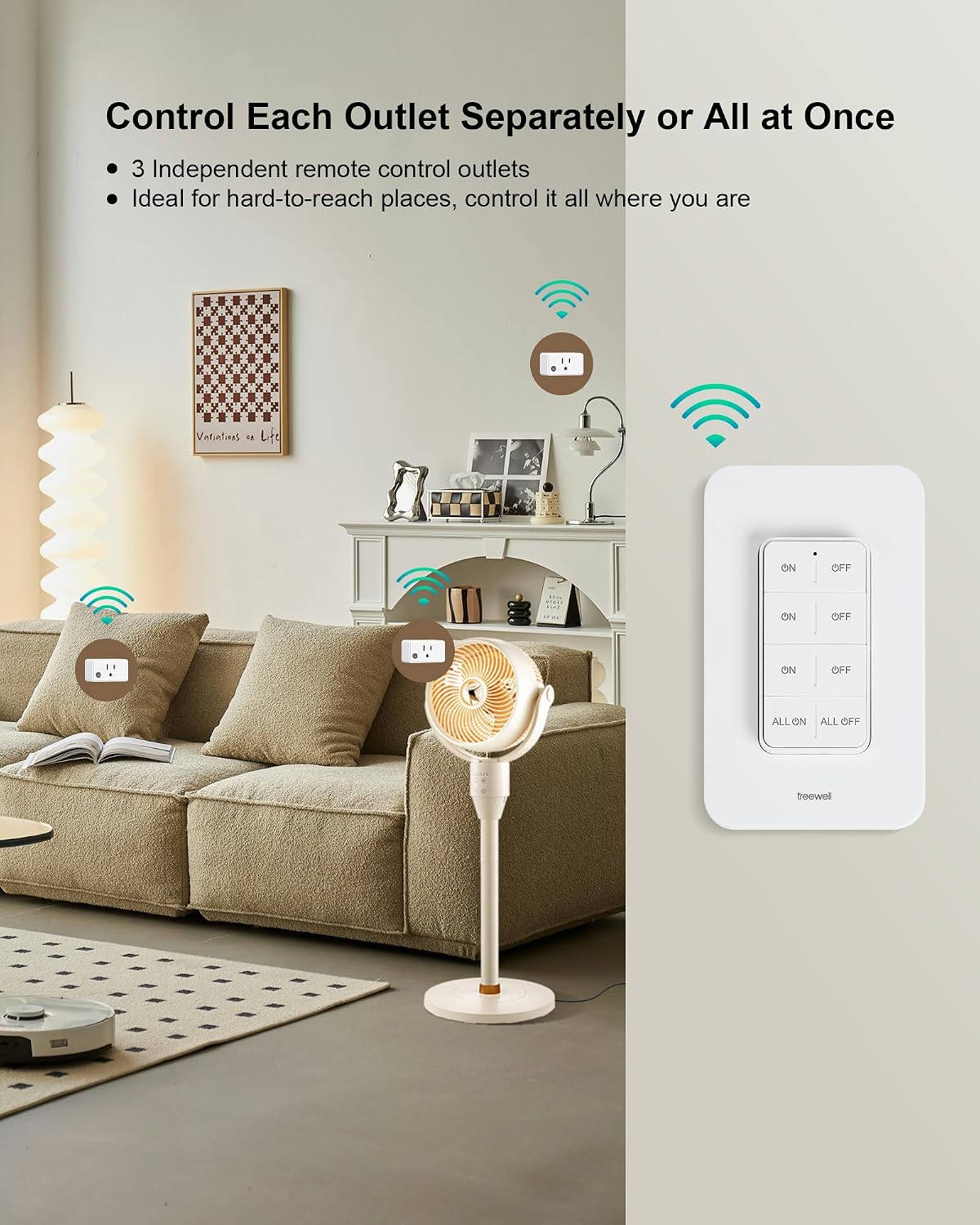 Remote Control Outlet Wireless Wall Mounted Light Switch, 3 Independent Control Outlets, 200FT RF Range, Mini Outlet Plug, 15A/1875W High-Power for Lamps, Lights, Household Appliances, ETL Listed