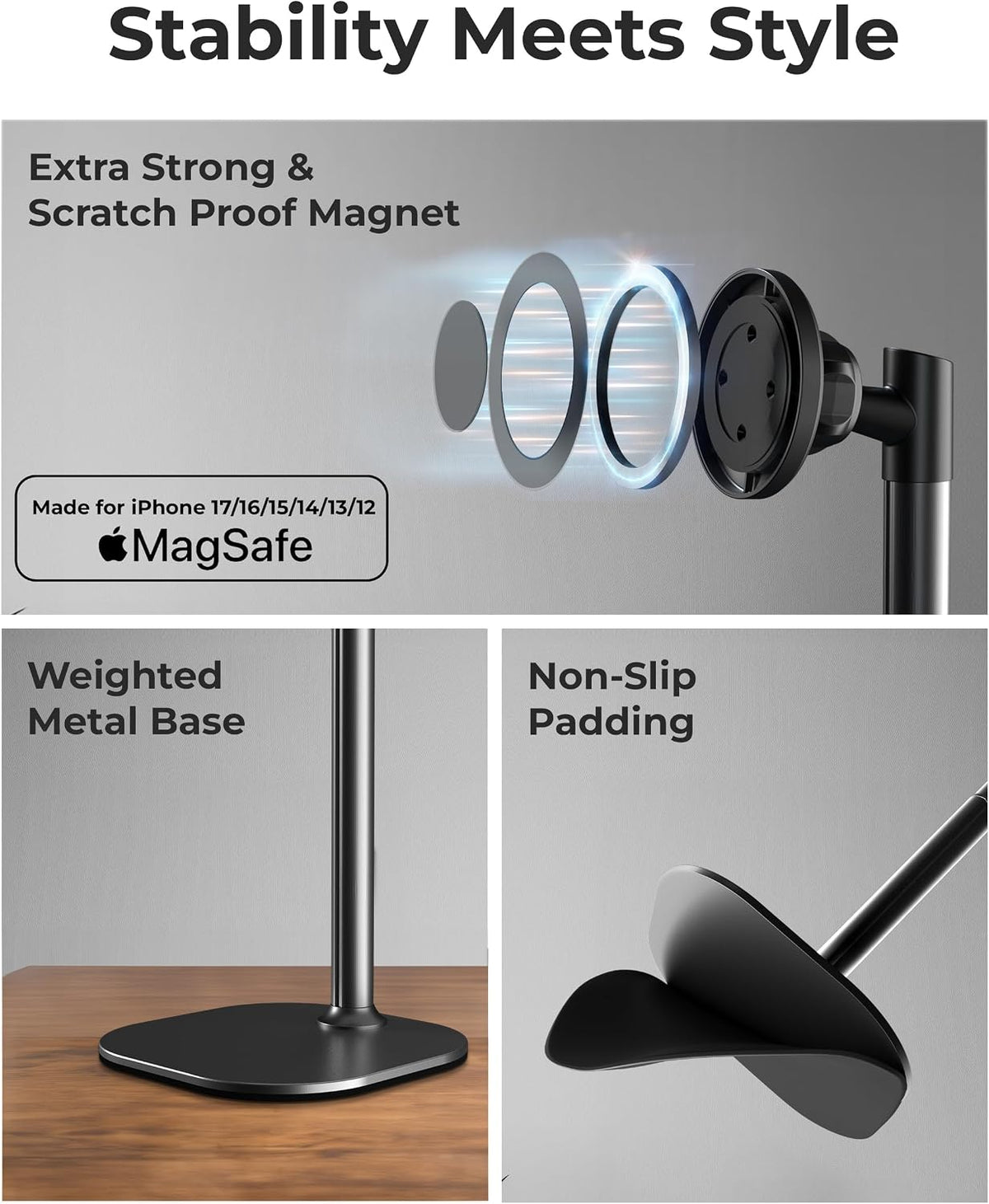 COOPER MagStand Magnetic Phone Stand for Desk, MagSafe Tripod, iPhone 17 | 9-13" Adjustable, Weighted Base, Strong Magnet Hold, iPhone Holder for Video Calls, 2 Steel Rings, Fits any iPhone or Android