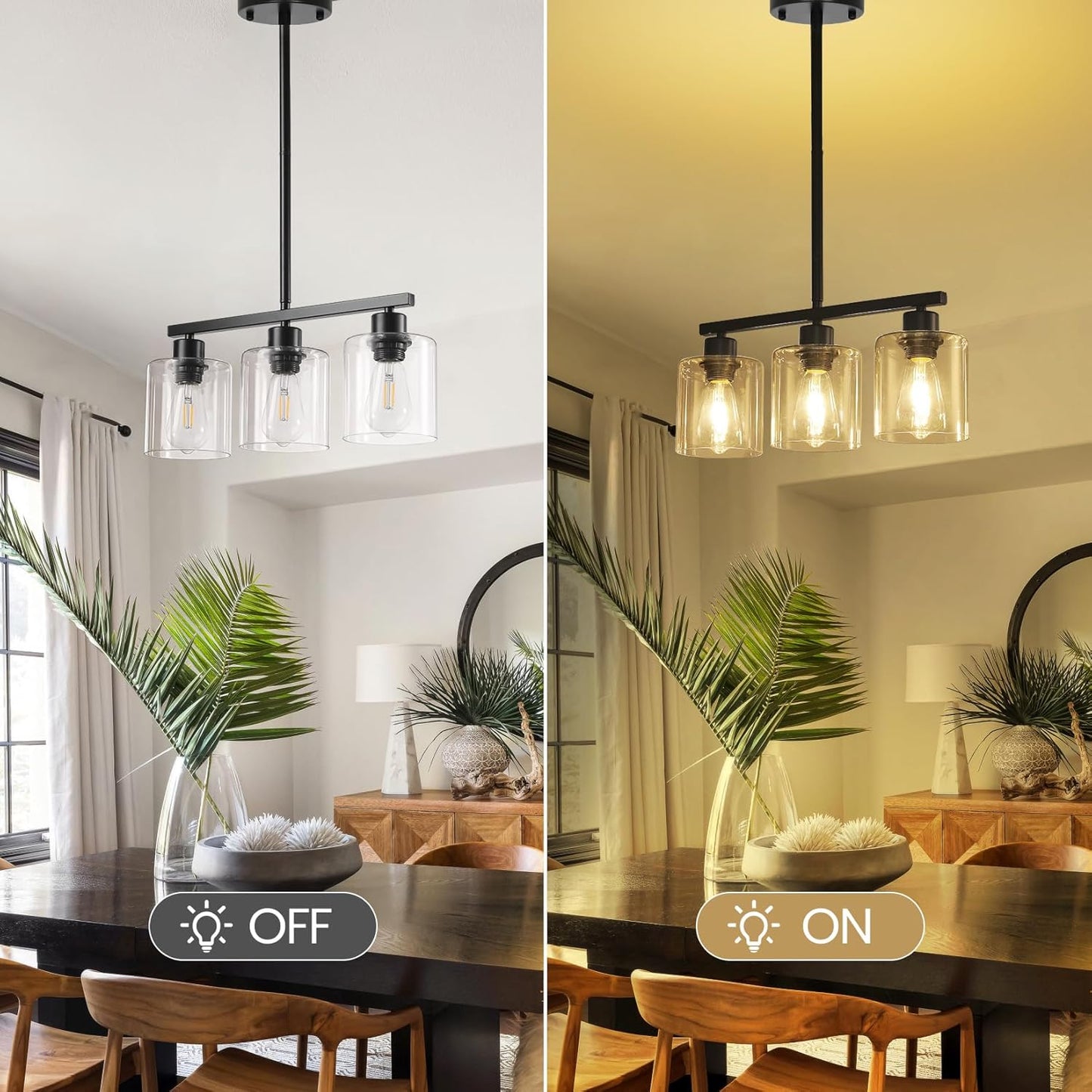 3-Light Kitchen Island Lighting, Black Pendant Light Fixture, Farmhouse Dining Room Light Fixtures Over Table, Modern Hanging Light Fixtures with Clear Glass, E26 Base, Bulbs Not Included