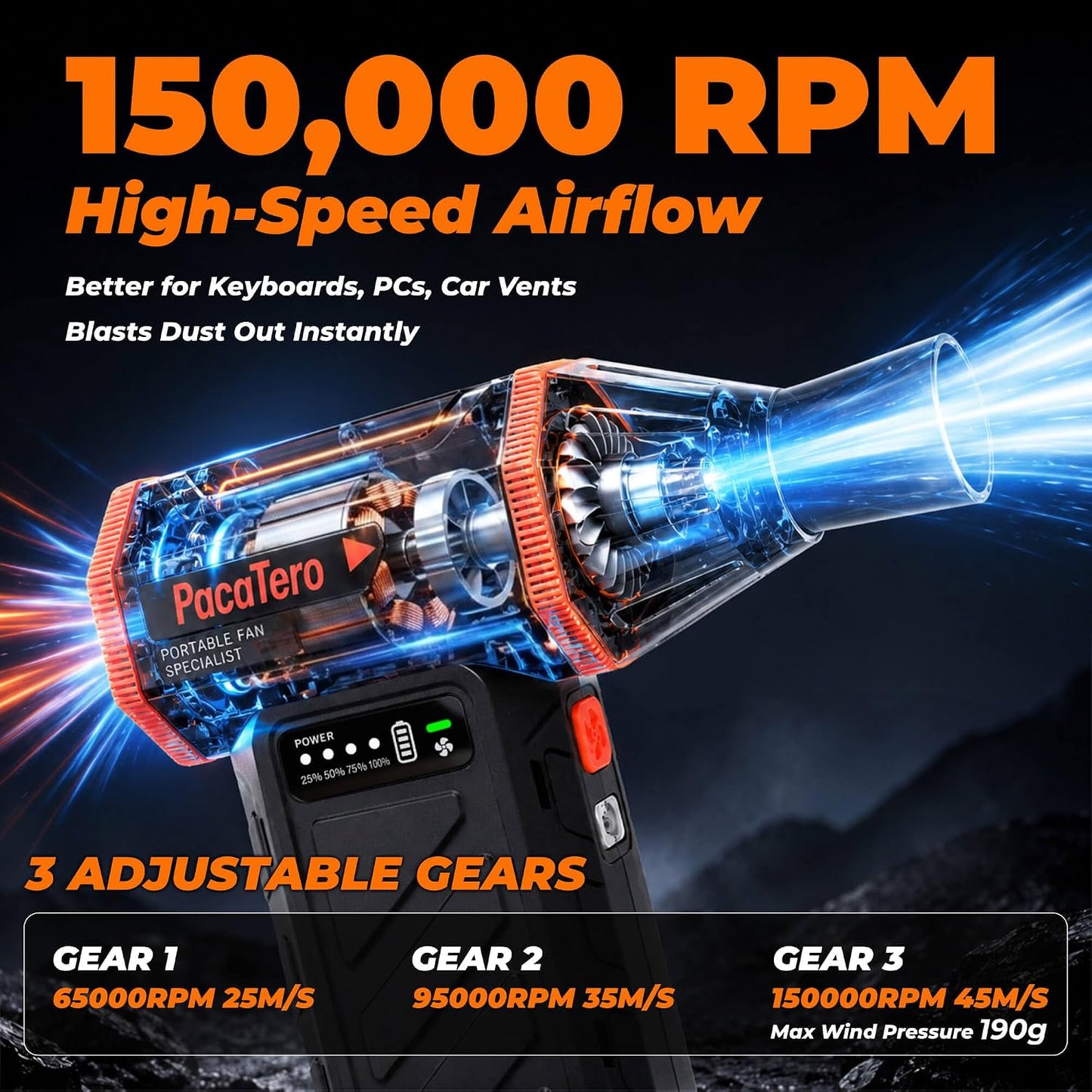 10000mAh Electric Cordless 150000RPM Adjustable Air Duster for PC Keyboard | 3-Gear Compressed Air Blower with Fast Charging, Portable Rechargeable Cleaner for Laptop, Electronics, Car Dust Cleaning