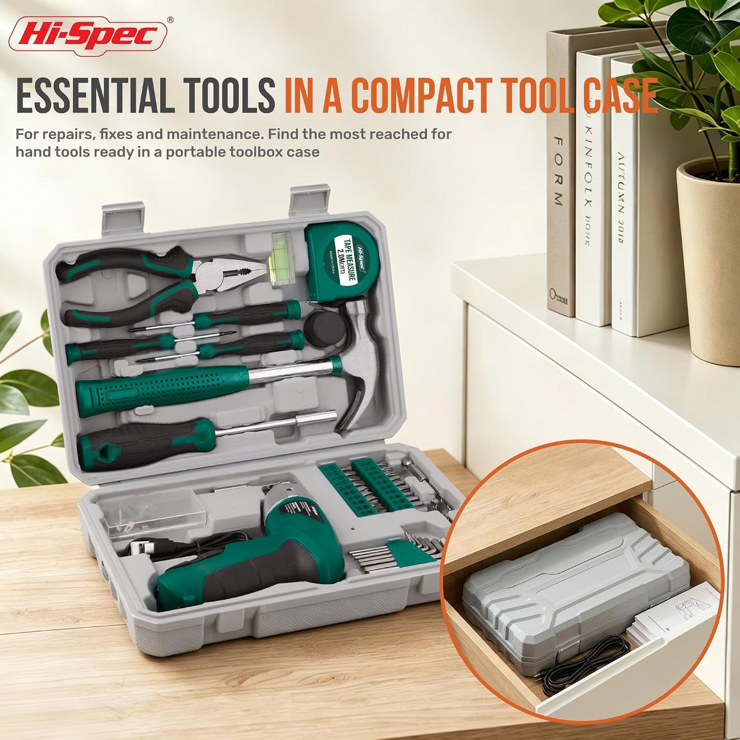 Hi-Spec 4V USB Electric Screwdriver Tool Kit for Home Repairs, Green | 42pc, fast assembly help, common screw bit selection, LED visibility, compact grip, quick household fixes, organized storage