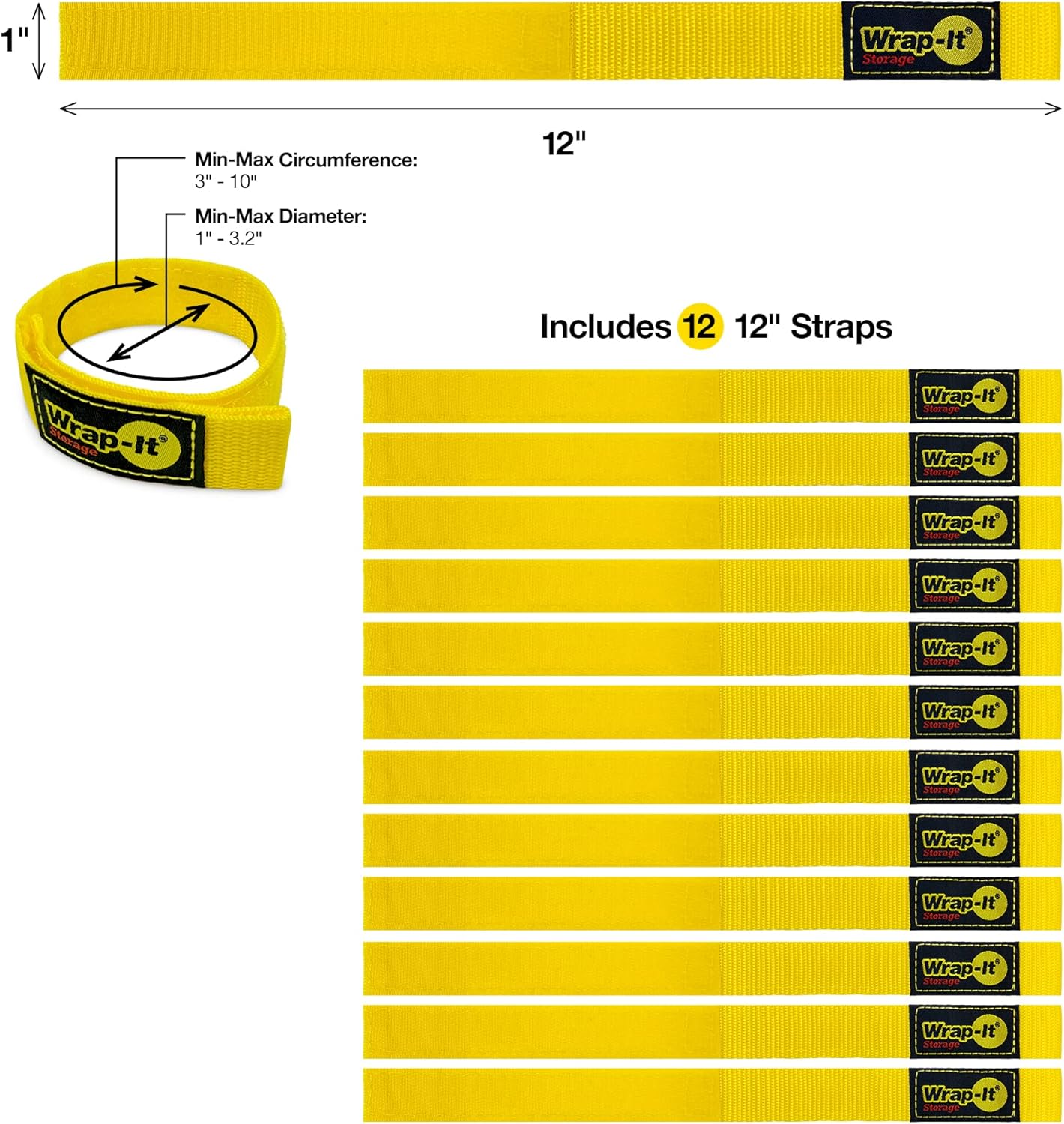 Quick-Straps by Wrap-It Storage - 12" (12 Pack) Yellow - Extension Cord Holder for RV and Boat Organizing | Extension Cord Holder for RV and Boat Organizing