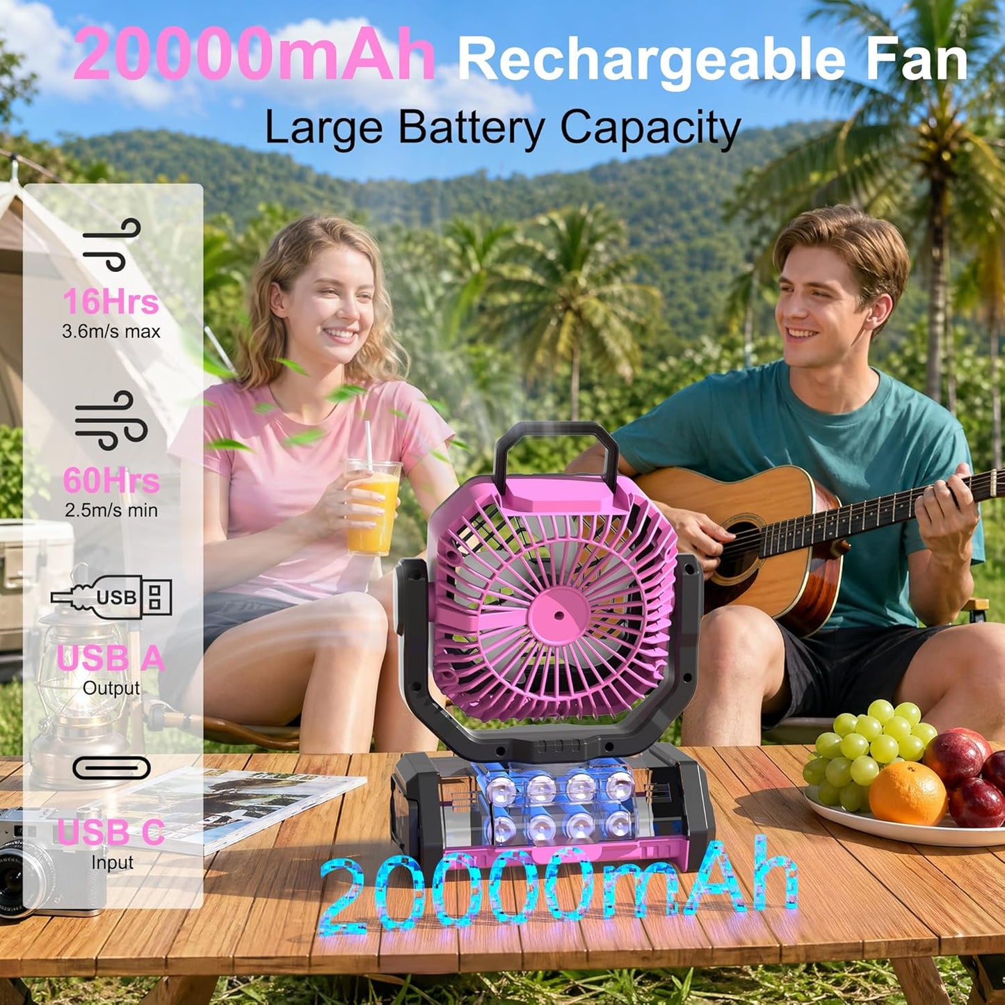 Honesorn 20000mAh Battery Operated Fan with LED Light & Remote, Pink | Up to 60H Runtime, 11-Inch, 45°/90°Oscillating, Hanging Hook, 4 Speeds, 8H Timer, USB-C Charging, for Tent, Travel, Outdoor
