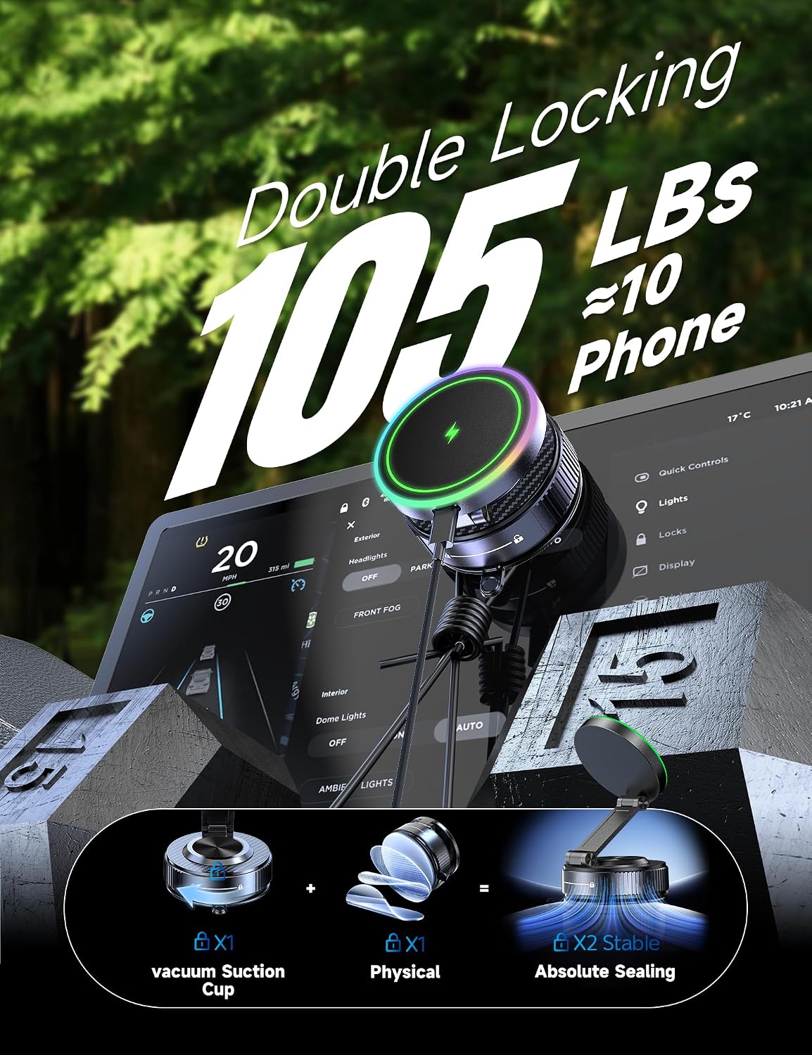 15W Magsafe Car Mount Charger, Faster Charging Wireless Car Charger | [105+LBS Suction & 3800gf Magnetic] Car Phone Holder, 360° Adjustable, Phone Holders for Your Car for iPhone & Android