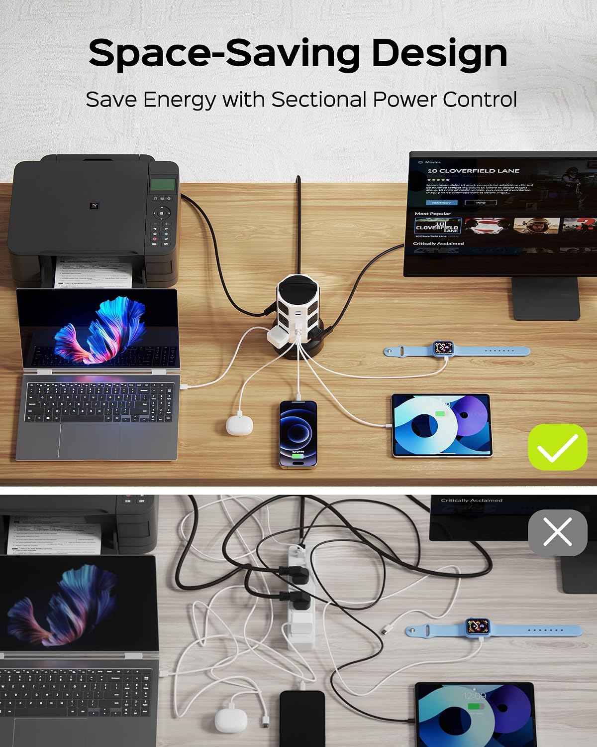JACKYLED Power Strip Tower Surge Protector, 12 AC 6 USB (2 USB C), 1050J | Retractable Extension Cord with Multiple Outlets, 1625W/13A Outlet Extender, USB Charging Station for Home Office Dorm