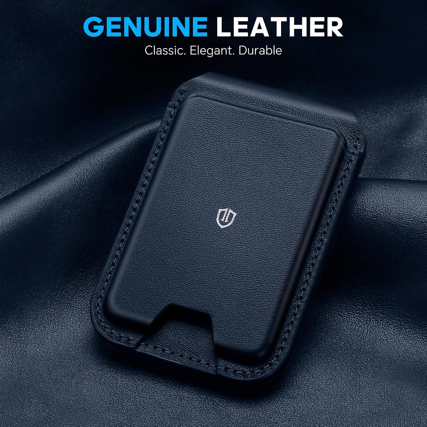 SHIELDON Genuine Leather Magnetic Wallet Stand for MagSafe, Navy Blue | Strong Magnetic, 6 Card Holders, Kickstand, Rfid Blocking, Quick-access, ID Window, for iPhone 17/16/15/14/13/12 Series