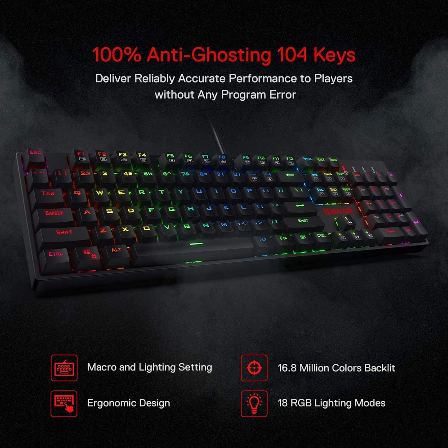 Redragon K582 Wired RGB Mechanical Gaming Keyboard, 104-Key Standard Layout | 16.8M Color Immersive eSports Lighting Vibe, N-Key Rollover for Accurate Combos, 50M-Keystroke Durability, Customize Software