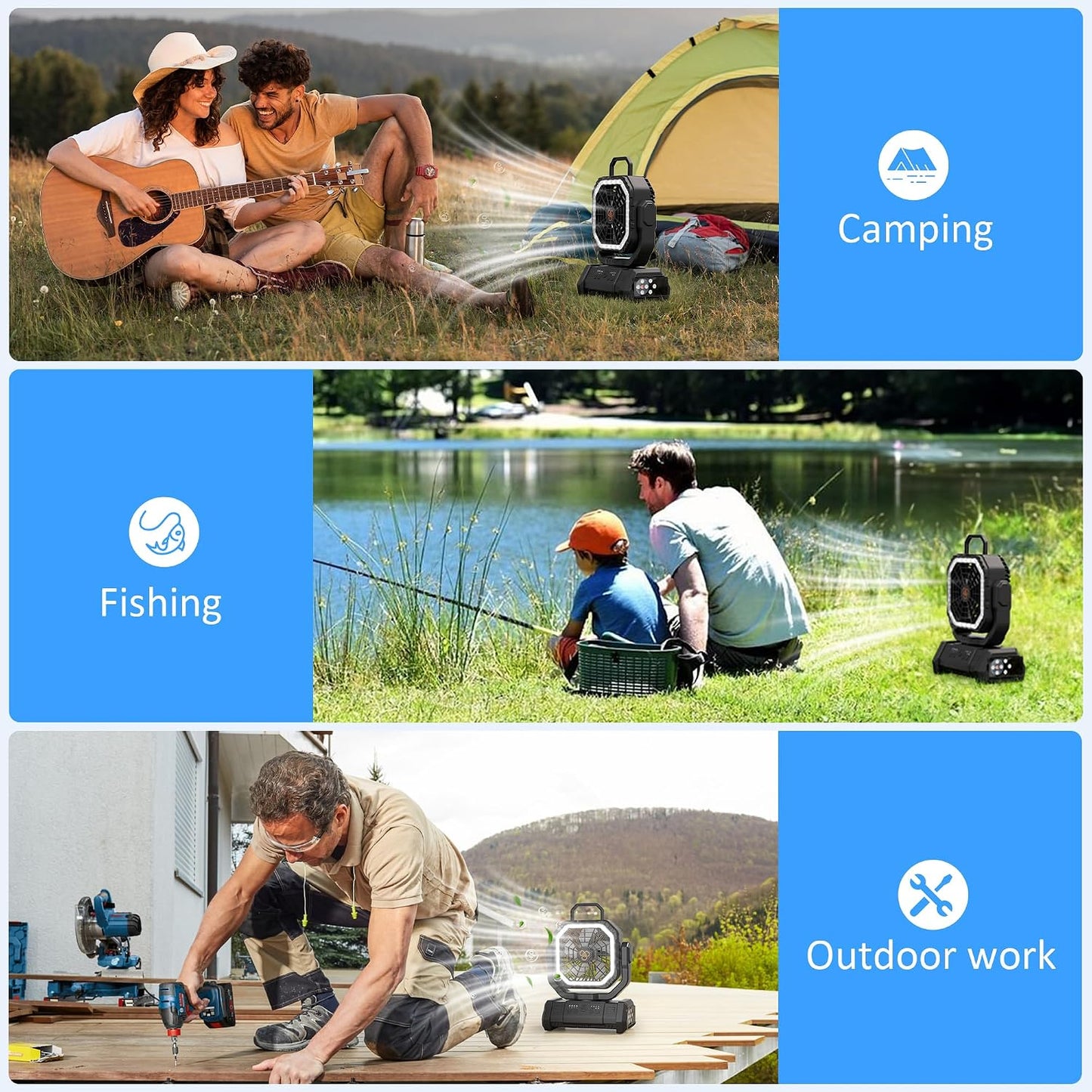 Honesorn 20000mAh Camping Fan Rechargeable with LED & Light Remote, Black | Up to 60H Runtime, 45°/90°Oscillating, Hanging Hook, 4 Speeds, 8H Timer, USB-C Charging, for Camping, Tent, Travel, Outdoor