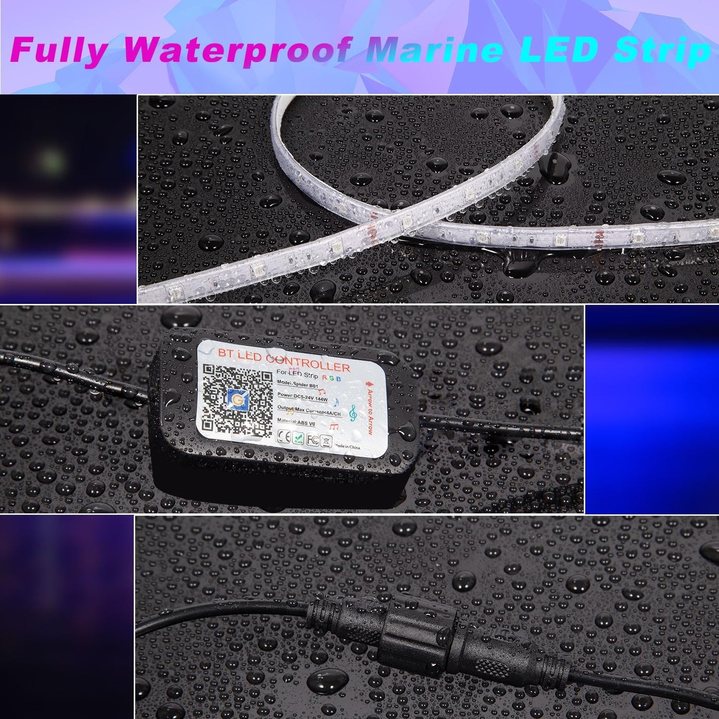 50FT Boat Lights LED Waterproof, 12V Marine Light Strip for Boat, RGB Marine LED Strip 12V with App &amp; Remote for Pontoon Interior and Exterior, Night Fishing Lighting for Jon, Yacht, Kayak, Deck
