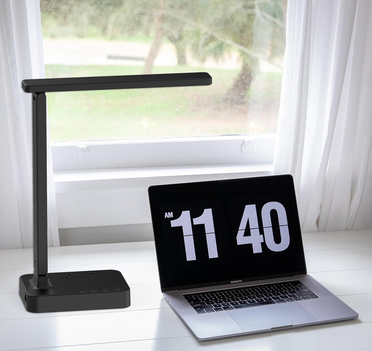 Drevet LED Desk Lamp for College Dorm Room, Desk Light with 1 USB Charging Port 2 AC Power Outlet, 3 Lighting Modes, 3 Level Brightness Touch Lamp, Eye-Caring Home Office Foldable Table Lamp