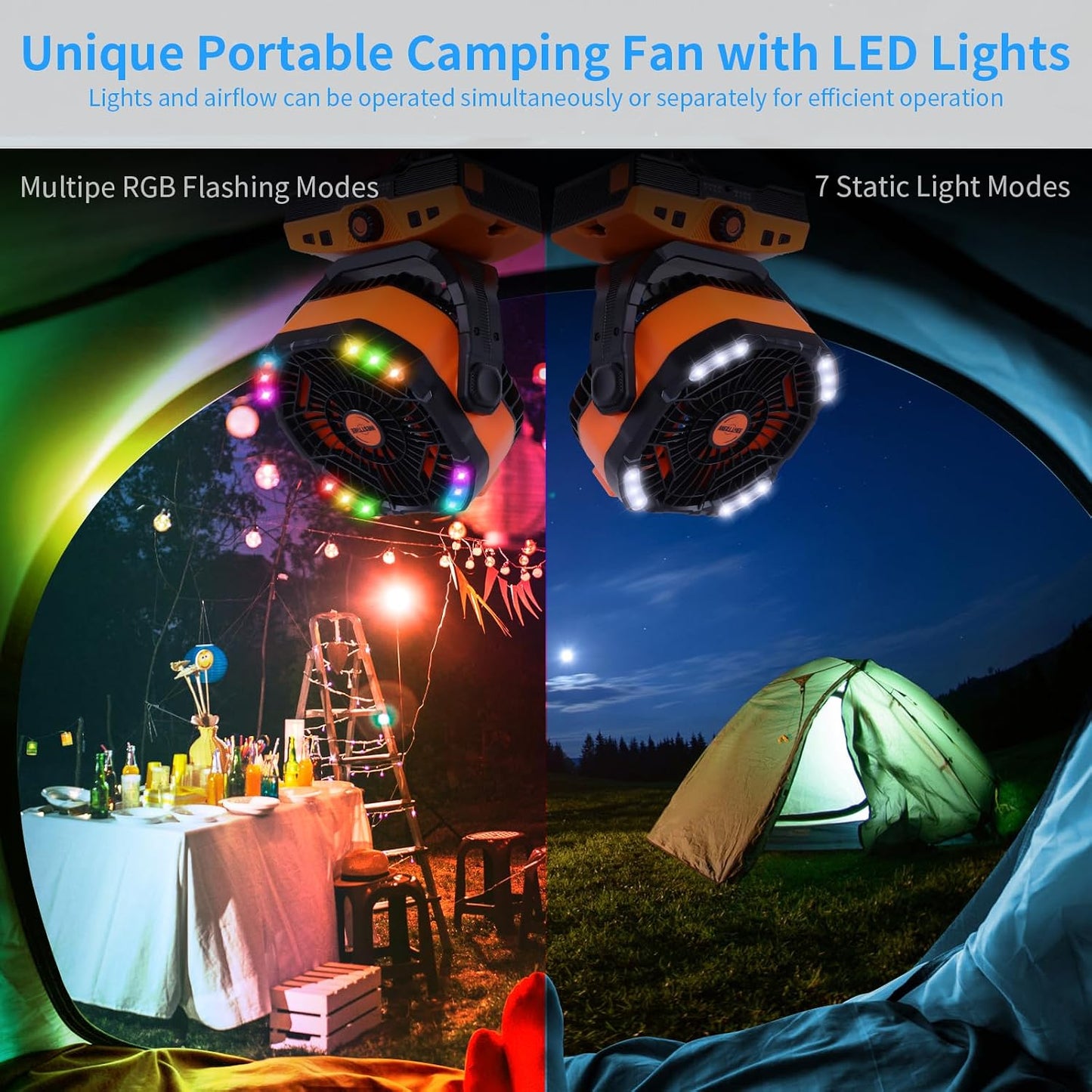 WESTTREE Camping Fan Oscillating Portable Fan Battery Powered Fans Rechargeable Camping essentials with Light Hook, 270° Pivot USB Desk Battery Operated Outdoor Tent Travel