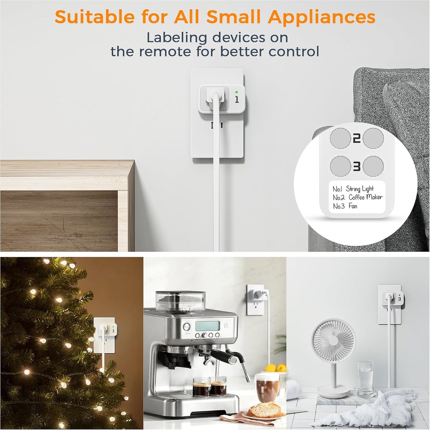 TESSAN Remote Control Outlet Plug, Remote Light Switch Wireless, 100FT RF | Electrical Light Switch, Plug in Wall Plug with ON/OFF Switch, For Indoor String Lights, Lamps, Home Small Appliances