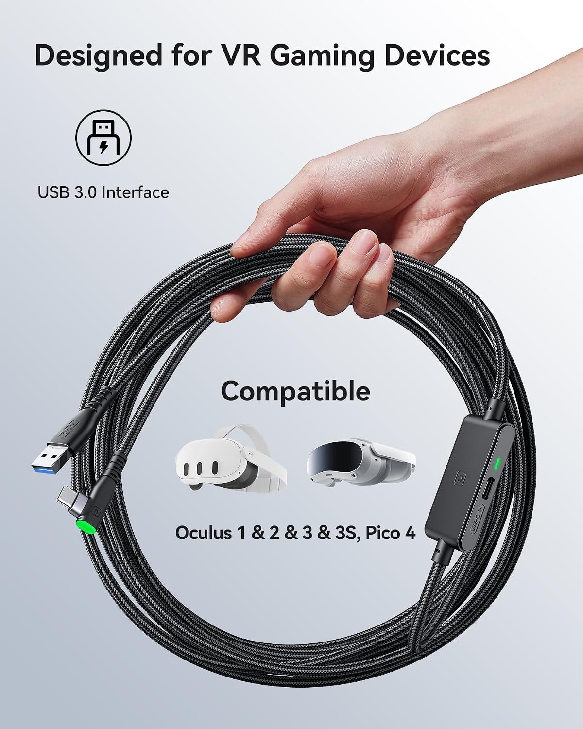 INIU 16ft VR Link Cable with Separate Charging Port, USB 3.0 to USB C Cable | USB 3.0 High Speed & Charging, Compatible for Virtual Reality Headset, Meta Quest 3S, Quest Pro, Pico 4, Steam VR, Gaming PC