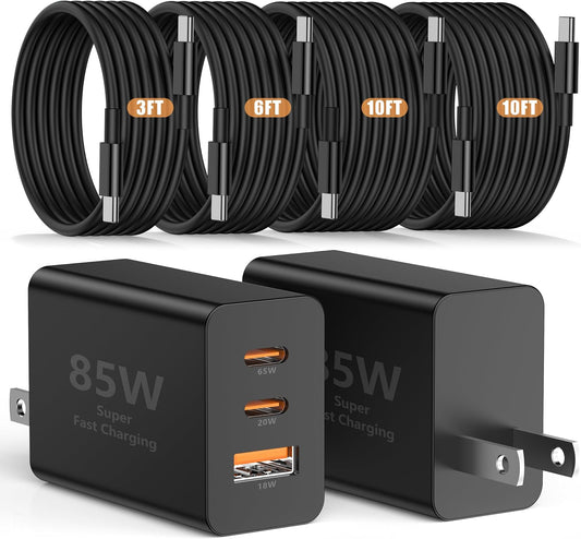 Susnwere 85W USB C Wall Charger for Samsung S26 Ultra,3 Port 100W PD Quick 3.0 Type C Charging with 3/6/10/10FT USB C Cable for Samsung Galaxy S26+/S25/S24/S23 Ultra/S22/S21/S20/Android Phones