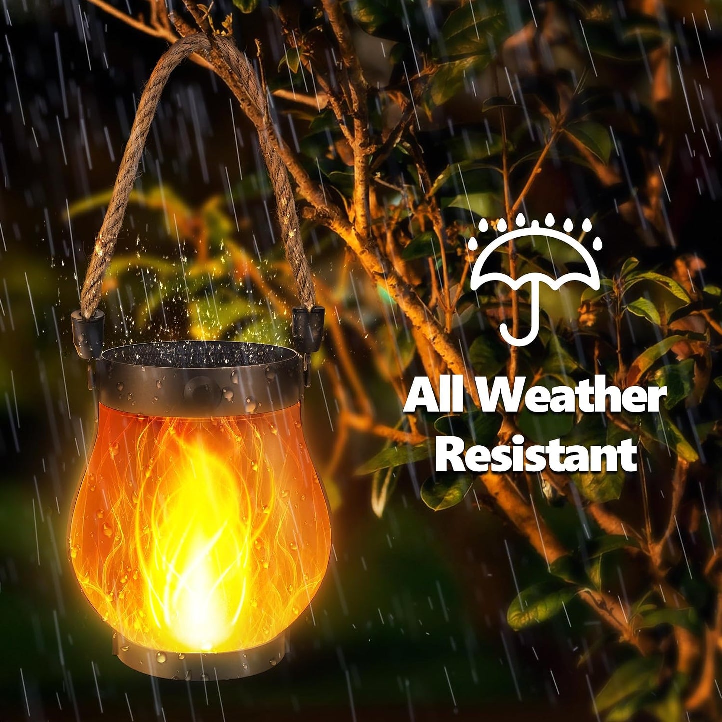 iBaycon 2 Pack Gen2 Solar Lantern Lights USB Ultra-Real Flame, Warm White | Solar Garden Lights with Solar & USB-C Dual Charging, 2 Modes Outdoor Waterproof Hanging Lantern for Patio Yard Home
