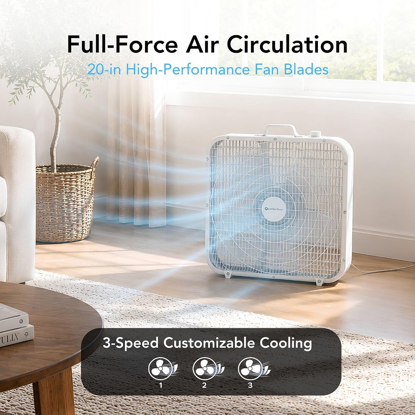 Comfort Zone Box Fan with Carry Handle, 20 inch, 3 Speed Full-Force Air Circulation Window Fan, Bedroom Floor Fan with 5 Blades, White Noise Cooling Fan, White