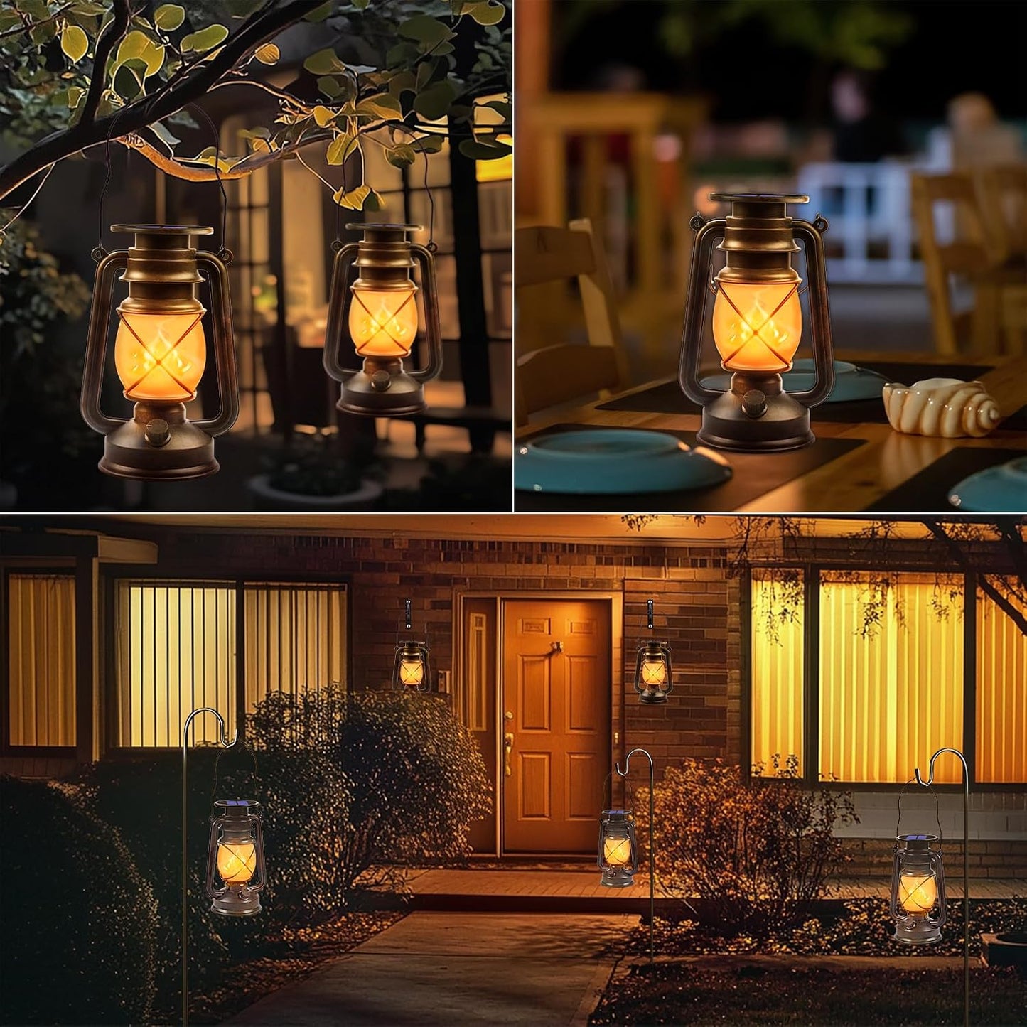 Solar Lanterns Outdoor Waterproof, 2 Pack Bronze Flickering Flame Lights | Vintage LED Hanging Lantern, Outdoor Decorative Lights for Patio, Porch, Garden, Yard, Pathway, Camping