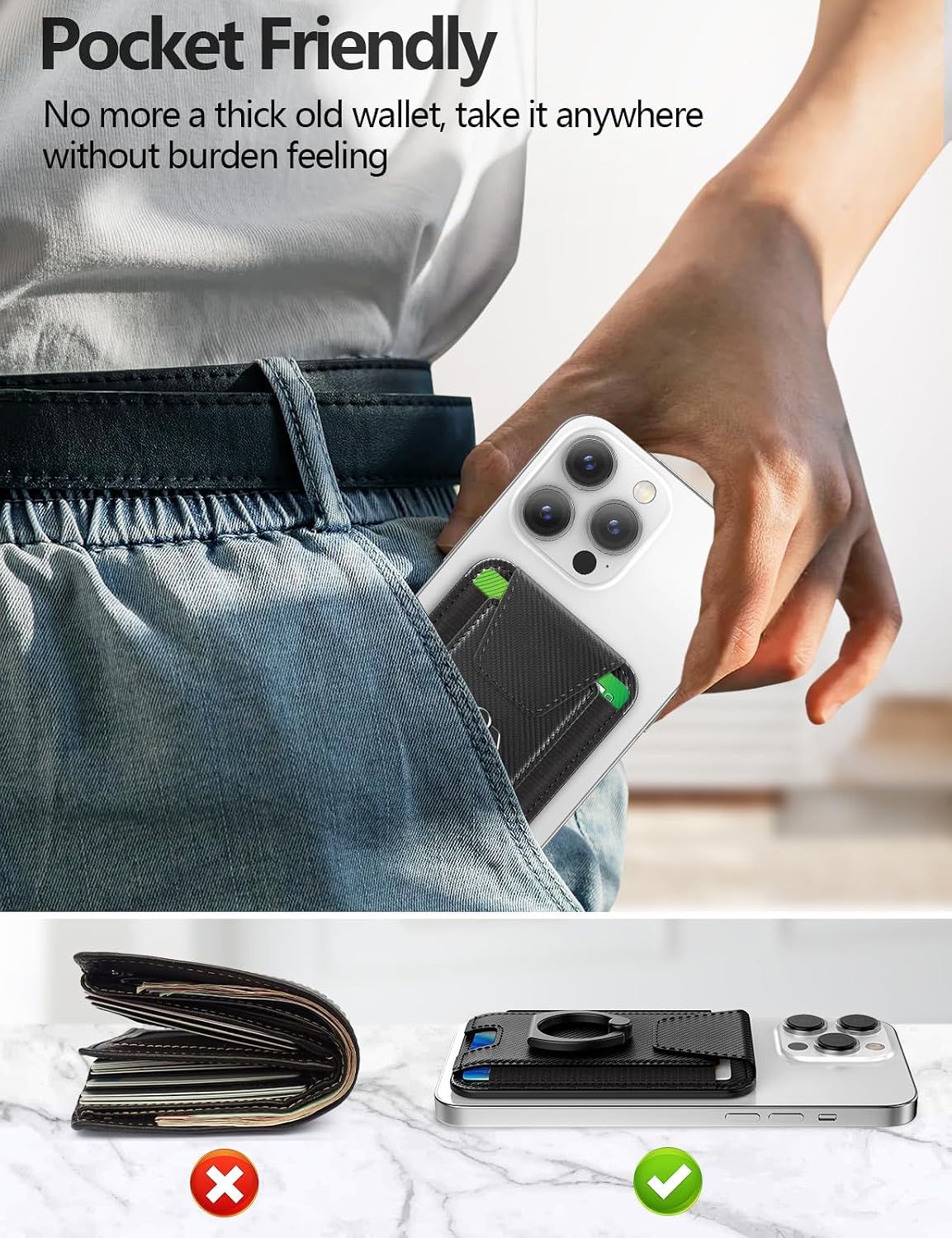 for Magsafe Wallet with Grip, 6-Card Holder; Stronger Magnetic Phone Wallet | Magnetic Card Wallet Holder for iPhone 17/16/15/14/13/12 Series, Privacy Flap, RFID Blocking, Carbon Fiber Black