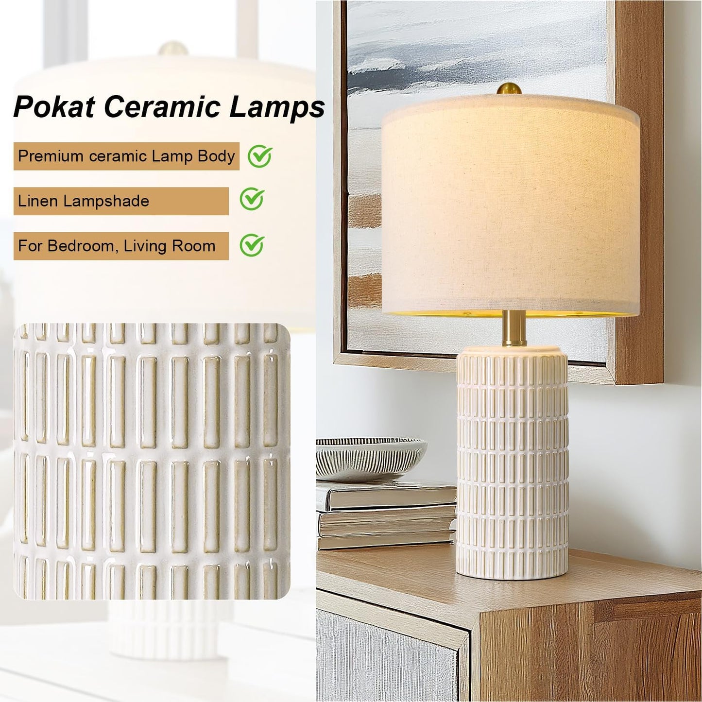 PoKat 20.75" Small Modern Ceramic Table Lamps Set of 2 for Bedroom, White | Bedside lamps for nightstands, farmhouse home decor, end table & desk light, ideal housewarming new home gift for women mom