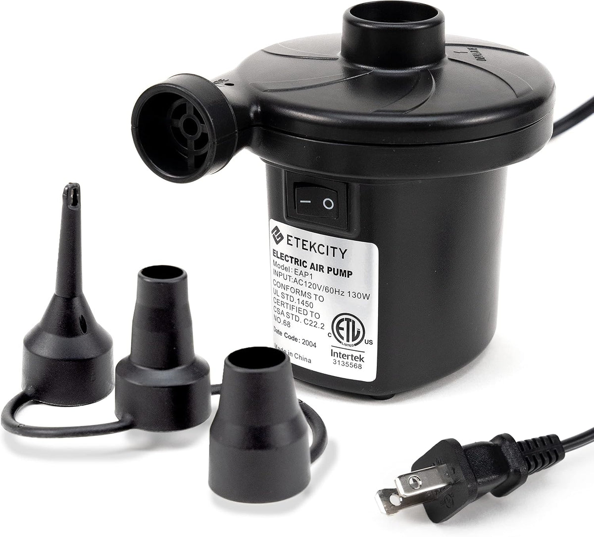 Etekcity Air Pump for Inflatables, Portable Electric Air Mattress Pump, Quick-Fill Perfect Inflator/Deflator for Couch, Blow up Pool Floats Raft Bed Boat Toy with Nozzles, 110-120V, Black