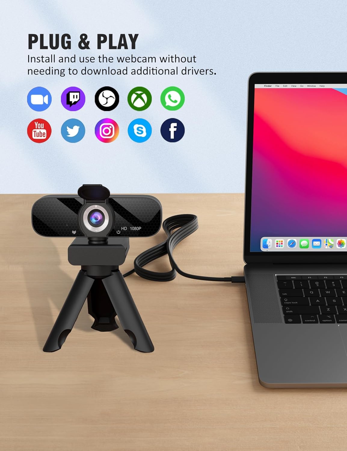 HD 1080P Webcam with Built-in Microphone and Rotatable Tripod, 1080P Video and Wide Angle Camera, Privacy Cover, for Desktop PC or Laptop Computer （Black）