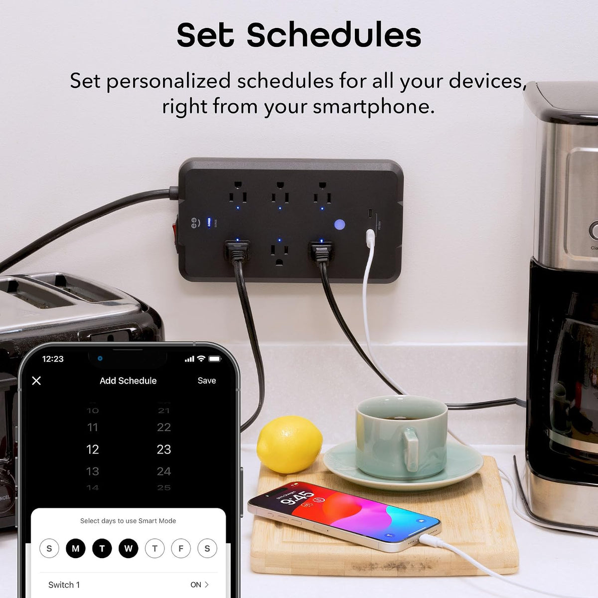Geeni Smart Plug Power Strip, 6 Outlets & 2 USB Ports, Surge, 6 ft., Black