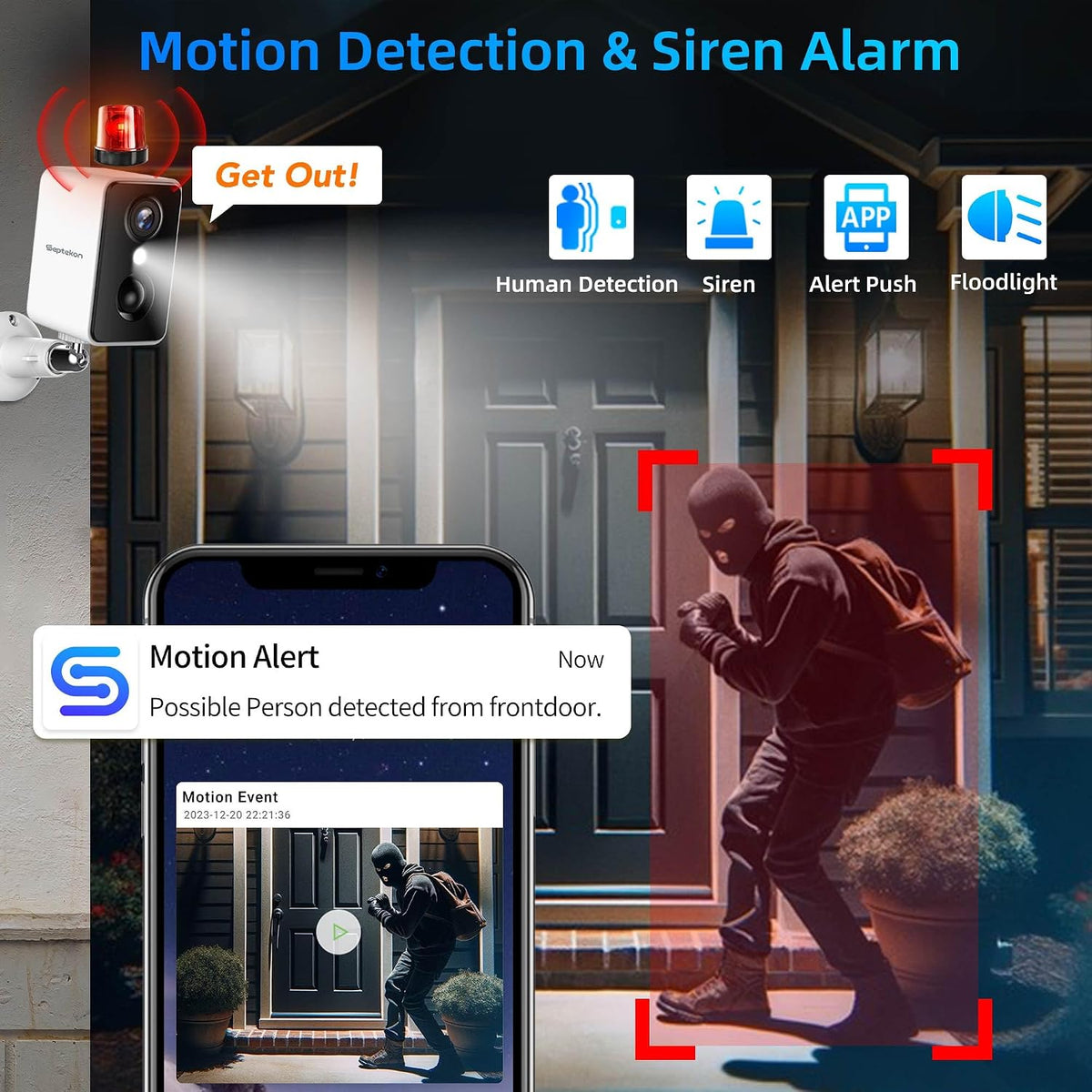 Septekon 2K Security Cameras Wireless Outdoor 4 Pack, Solar Battery Powered Camera with Two Spotlights, PIR Motion Detection Siren, Color Night Vision, 2-Way Audio, IP66 Waterpoof