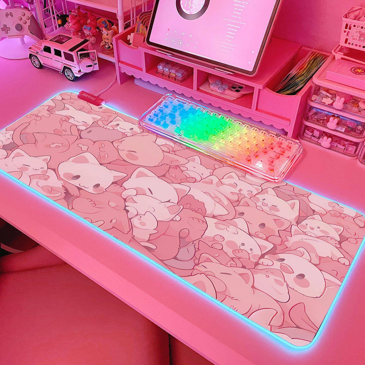 JMIYAV Pink RGB Gaming Mouse Pad 31.5x12 Inch PC XL Large Extended Glowing Led Light Up Desk Pad Non-Slip Rubber Base Computer Cute Mousepad Mat Desk Accessories Gaming Setup Hello Cat