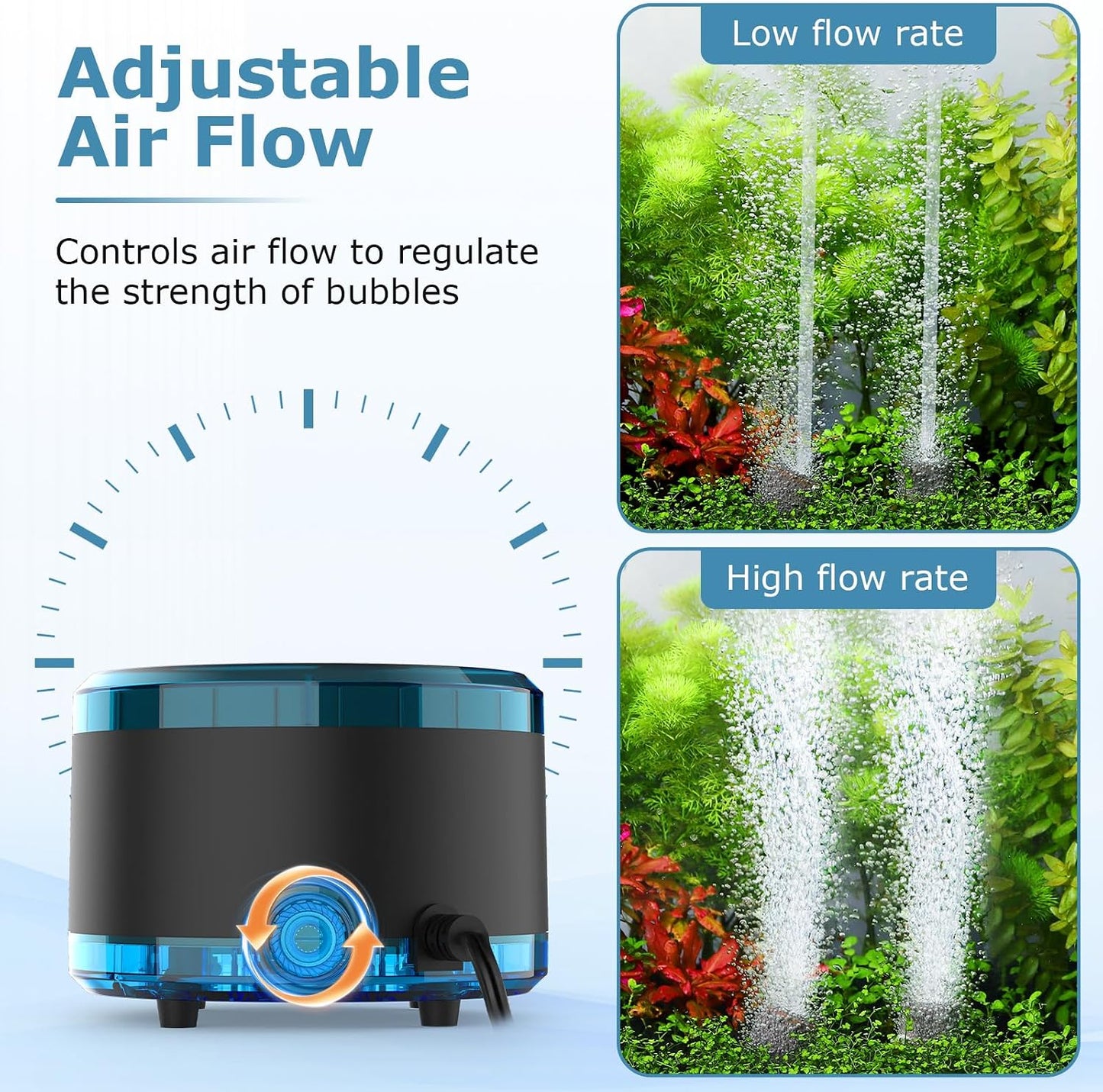 hygger Aquarium Air Pump Dual Outlet, Quiet Powerful Fish Tank Aerator 4W/8W, Adjustable Oxygen Pump with Air Stone, Bubbler for Fish Tank Up to 200 Gallon