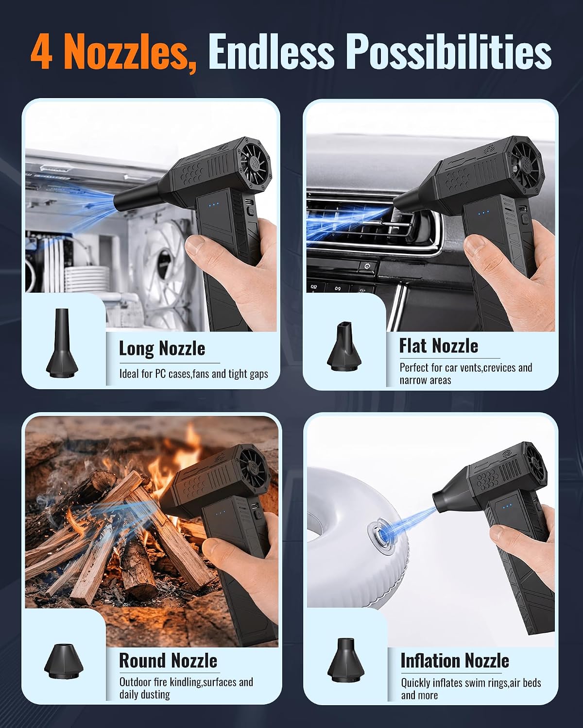 Compressed Air Duster-110000 RPM Super Power Electric Air Duster, 3-Speed Adjustable Rechargeable Cordless Air Blower with Fast Charging, 4 Nozzle for PC, Keyboard, Car, Home, Outdoor