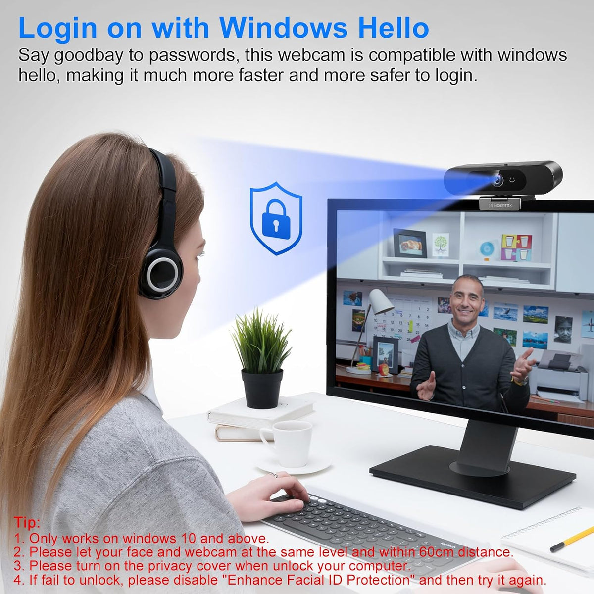 1080P Webcam with Window Hello, Noise-reducing Mic, Plug & Play, 90° Wide Angle, Built-in Privacy Cover, 360° Rotation & 90° Tilt, Perfect for Zoom, Google Meet, Microsoft Teams