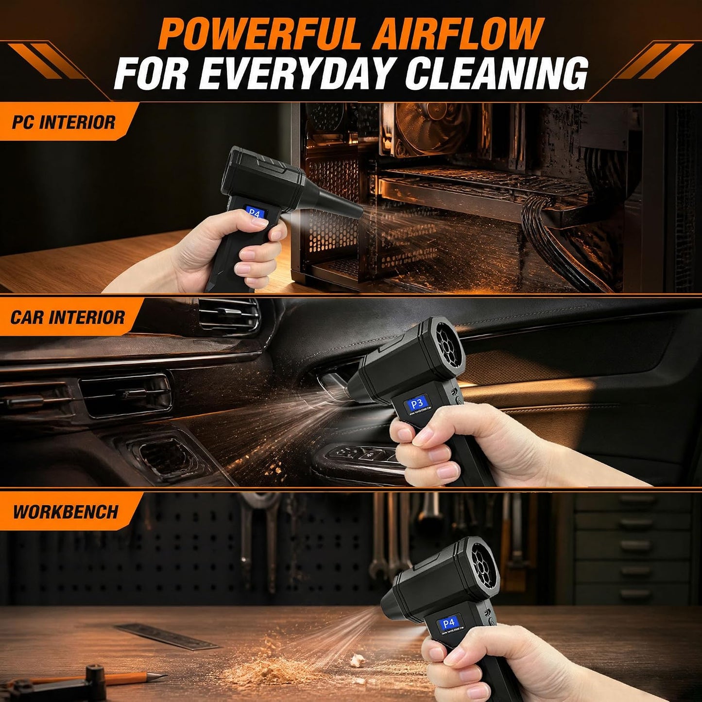 Compressed Air Duster, 130,000 RPM Electric Air Duster with Brushless Motor, 4-Speed Rechargeable Cordless Blower, Digital Display, LED Light and 5 Nozzles for Computer, Keyboard and Car