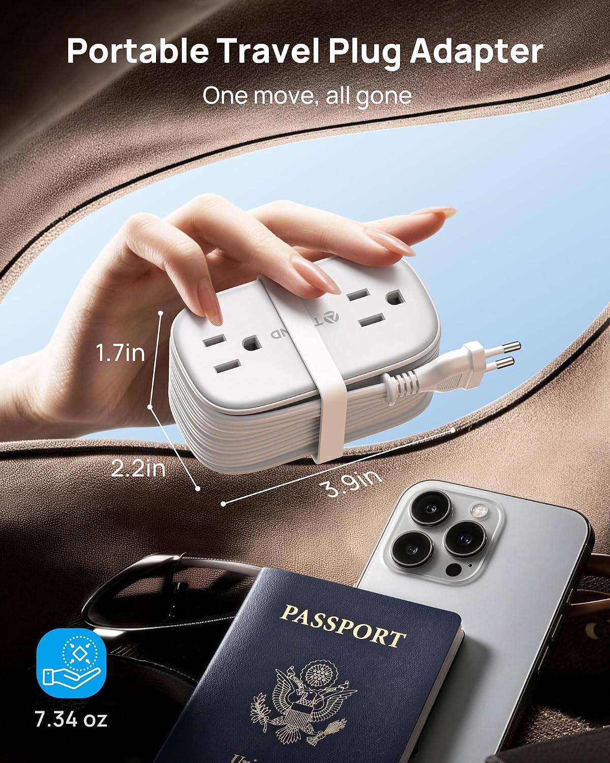 TROND European Travel Plug Adapter with 4 AC Outlets and 2 PD 20W USB C | US to Europe Plug Adapter, 3.5ft Type C Plug Adapter, Travel Essentials for France Italy Germany Spain Iceland Greece