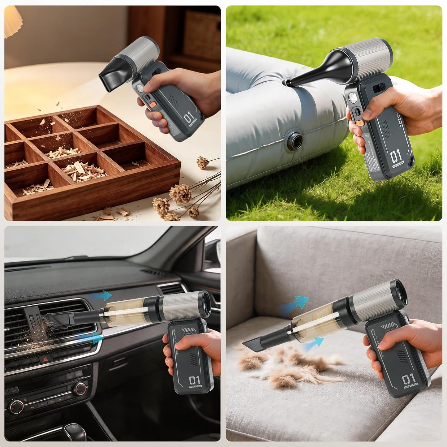 130,000 RPM Rechargeable Compressed Air Duster, Black | Stepless airflow, LED work light and 4 attachments for keyboards, computers, cars and narrow spaces