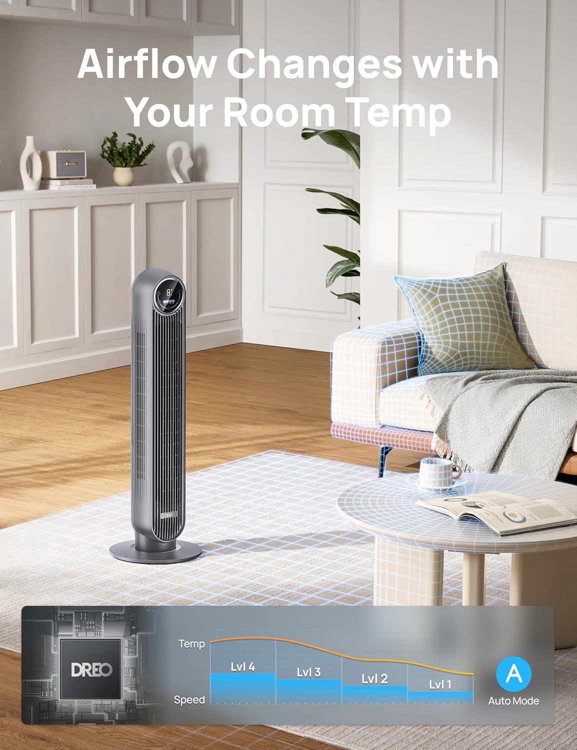 DREO Tower Fan for Bedroom, 25ft/s Velocity Quiet Floor Fan, 90° Oscillating Fans for Indoors with 4 Speeds, 4 Modes, 8H Timer, Bladeless Fan, Standing Fans, Grey, Tower Fan 307 (DR-HTF007)