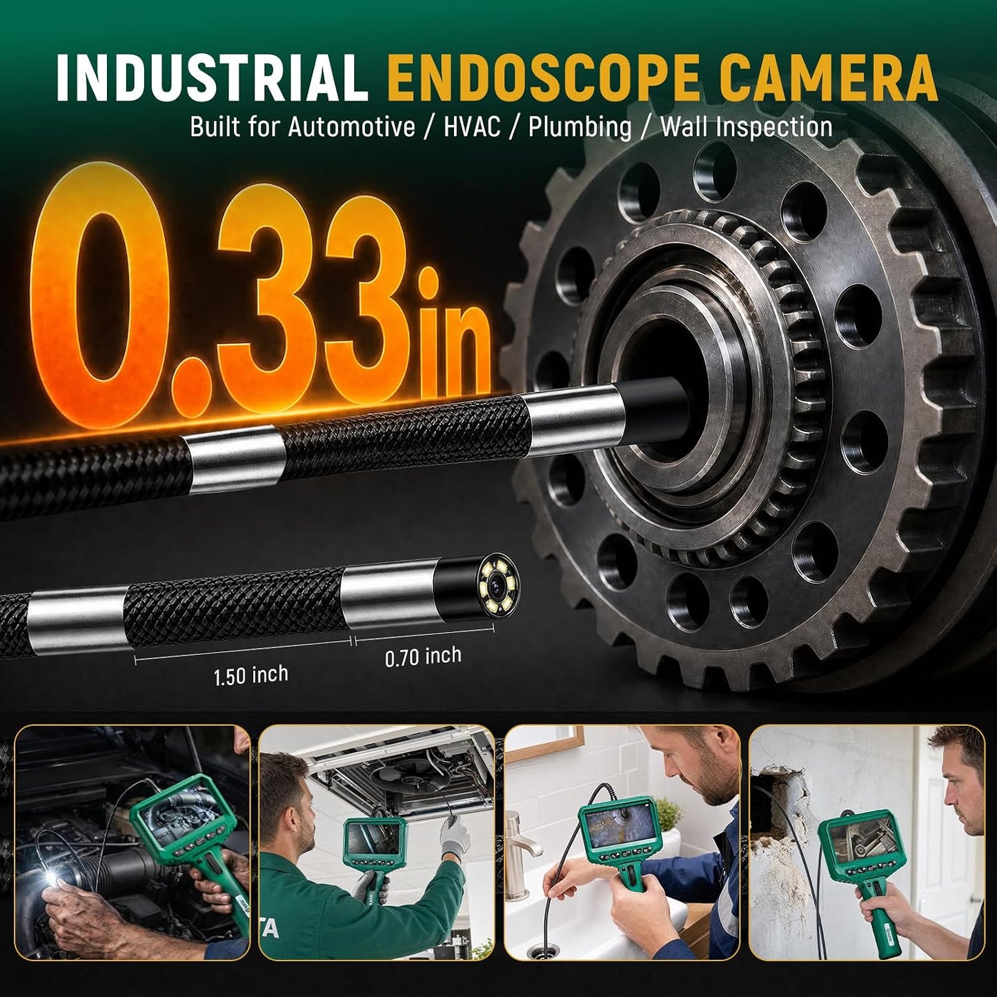 SATA Two-Way Articulating Borescope with Light, 210° Articulation, Industrial Endoscope Camera, IPS HD Display, Flexible Snake Probe for Automotive Engine, HVAC, Plumbing and Mechanical Inspection-5FT