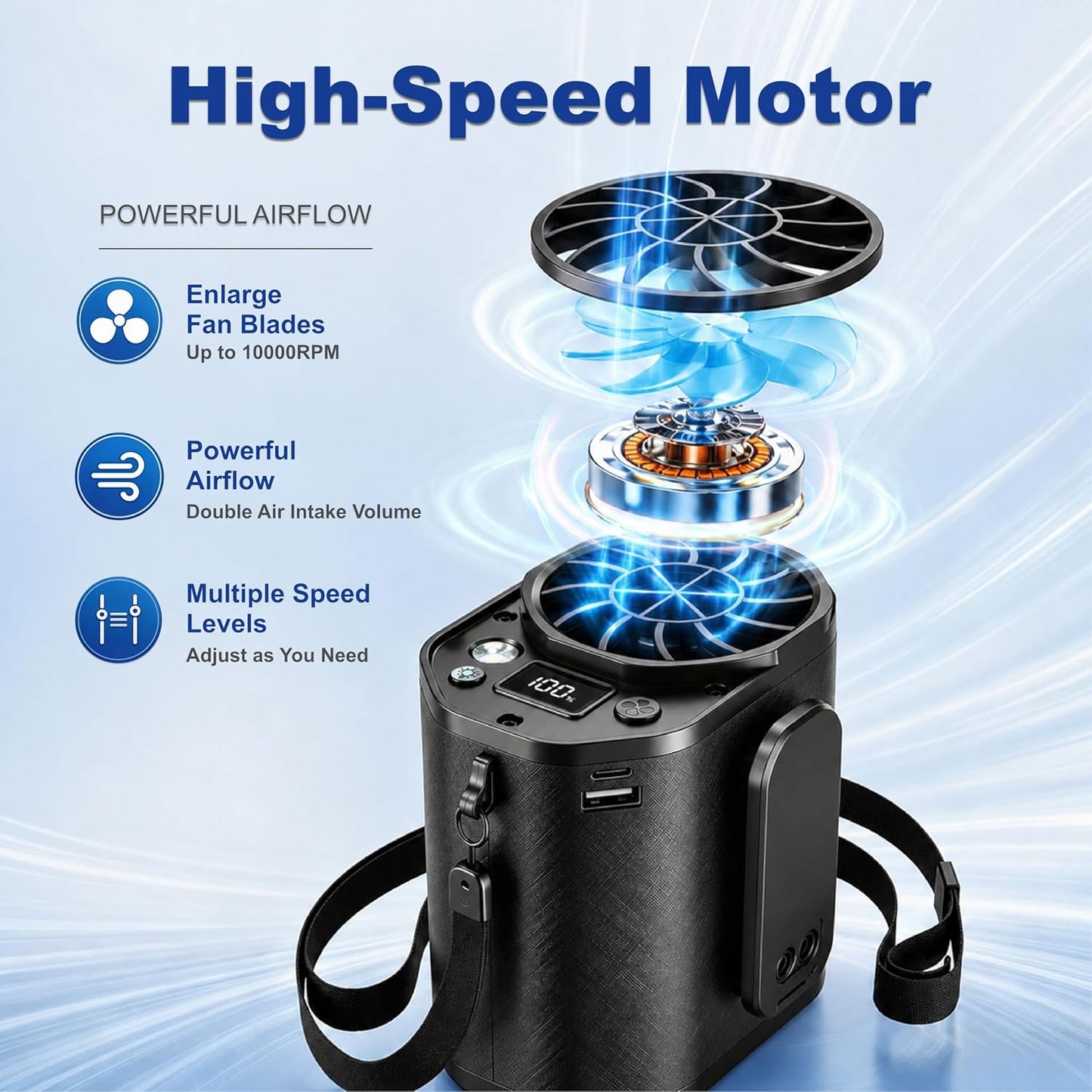 Waist Fan with Clip on: Portable 4-Speed Enlarged Fan-blades Personal Belt Fan with LED Light 6-11H of Working Time Hands-Free Neck Fan