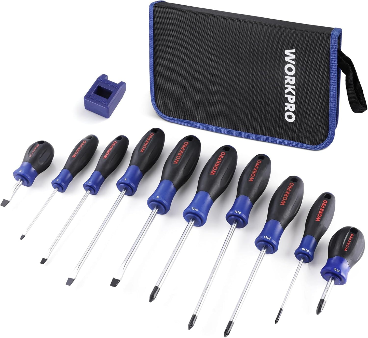 WORKPRO 10-Piece Magnetic Screwdriver Set with Pouch | Phillips, Slotted, and Flathead Screwdrivers with Non-Slip Grip for Home Repair and DIY Projects, Magnetizer Included