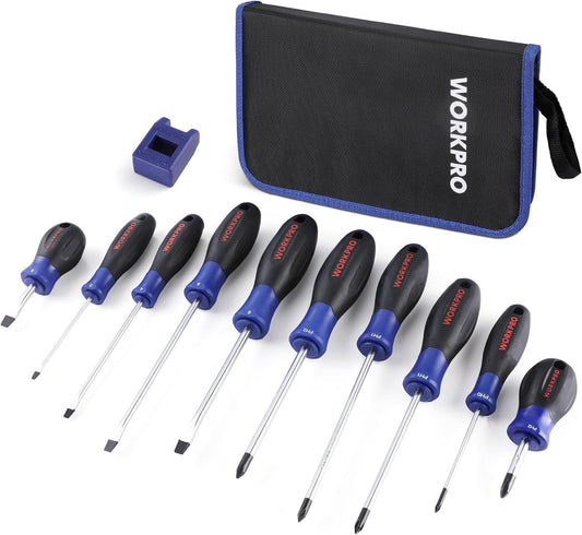 WORKPRO 10-Piece Magnetic Screwdriver Set with Pouch | Phillips, Slotted, and Flathead Screwdrivers with Non-Slip Grip for Home Repair and DIY Projects, Magnetizer Included