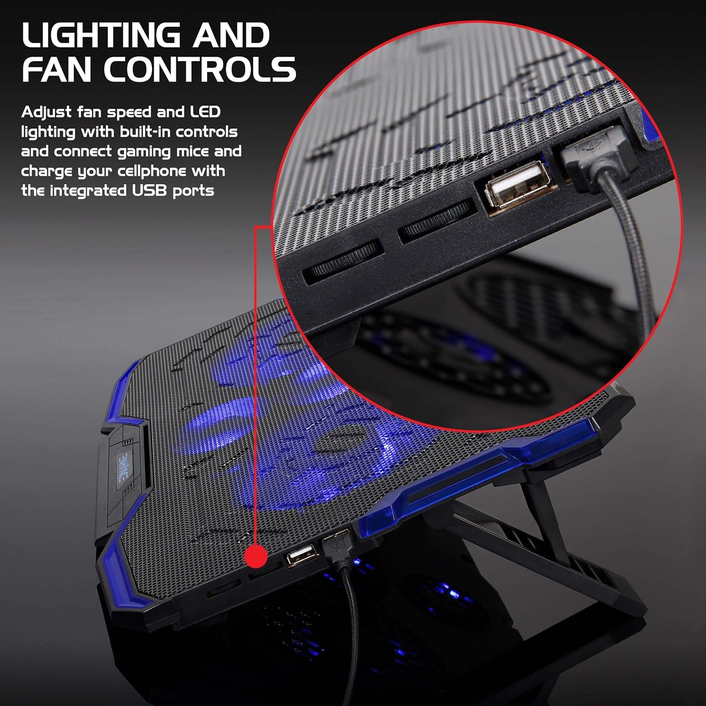 ENHANCE Cryogen Gaming Laptop Cooling Pad - Fits 17 in Computer- Adjustable Laptop Cooling Stand with 5 Quiet Cooler Fans, 2 USB Ports and LED Lighting - Slim Portable Design 2500 RPM (Blue)