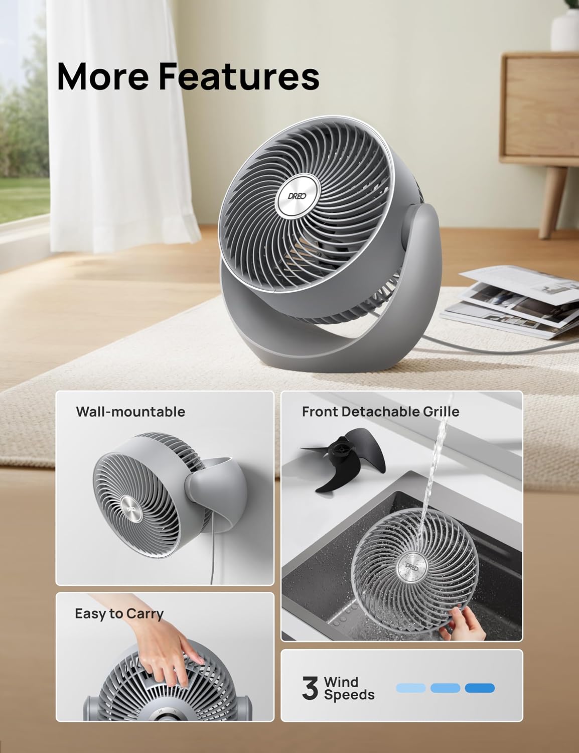 DREO Fan for Bedroom, Table Air Circulator for Whole Room, 11 Inch, 60ft Strong Airflow, 120° adjustable tilt, 20db Low Noise, Quiet, 3 Speeds, Desk Fan for Home,Office, Kitchen