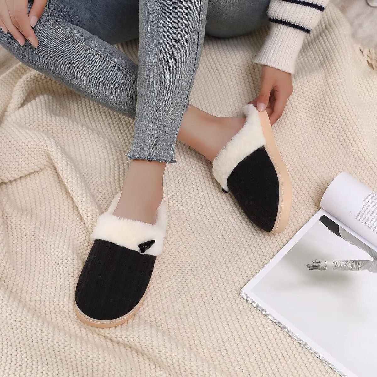 NineCiFun Women's Slip on Fuzzy Slippers Memory Foam House Slippers Outdoor Indoor Warm Plush Bedroom Shoes Scuff with Faux Fur Lining