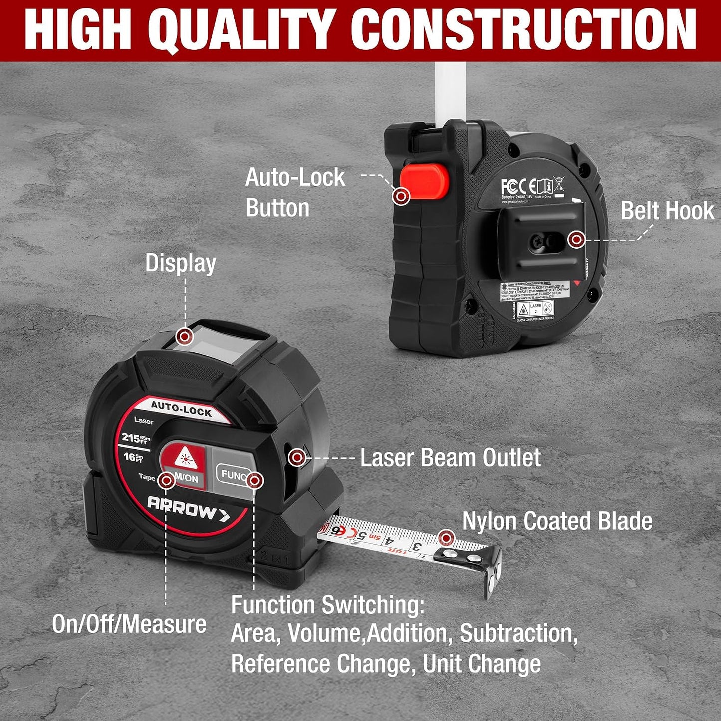 Arrow 2-in-1 Laser Tape Measure, 215Ft/65m Laser Distance Measuring Tool | 16Ft Magnetic Tape, Area Volume Calculation, Continuous Measurement, Bubble Level, Home Improvement Tool-NOT Digital