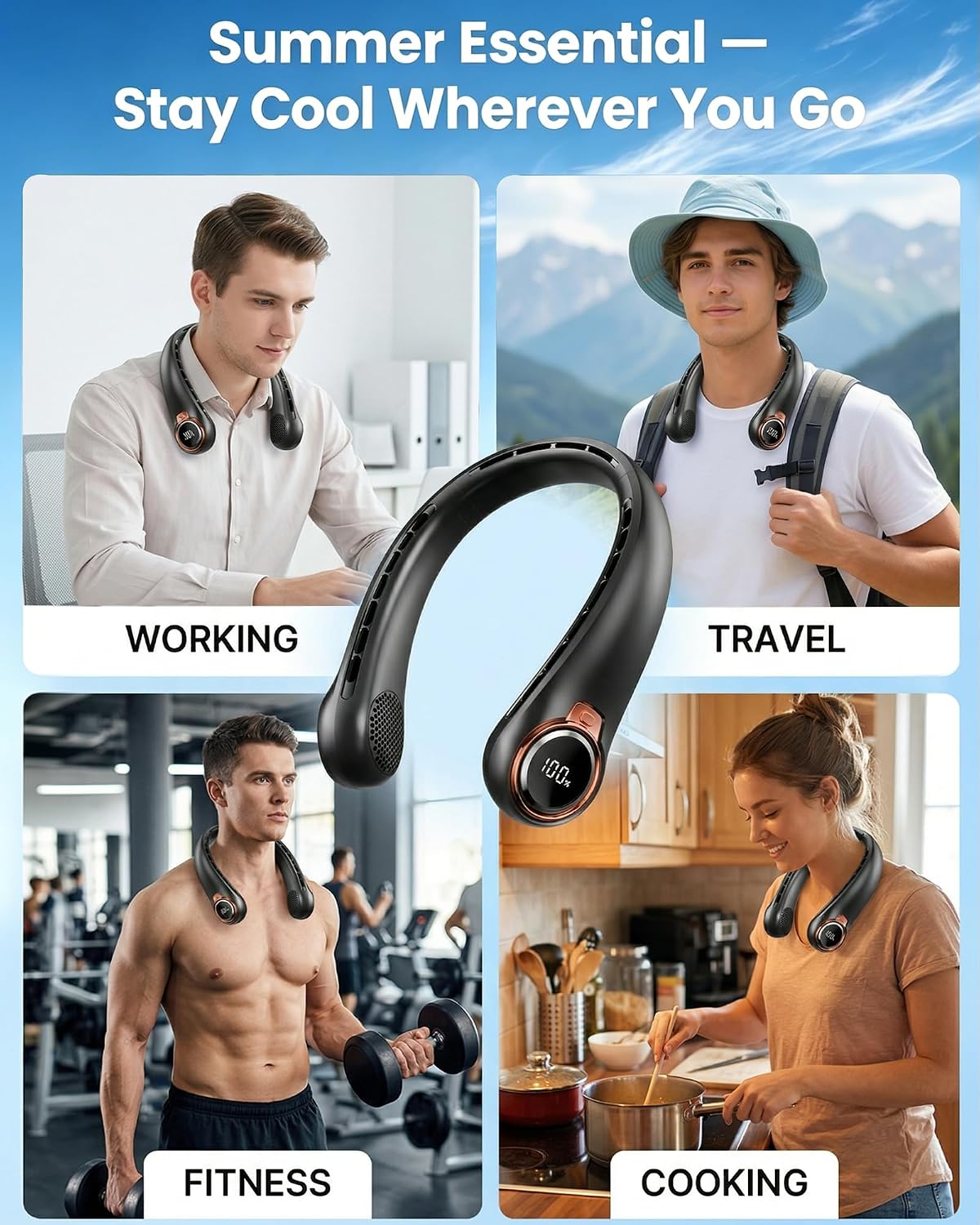 BNBZ Portable Neck Fan, 6000mAh Rechargeable Fan Blows Cold Air with LED Display, 4 Speeds, 20H Runtime, Quiet Wearable 360° Personal Cooling Fan for Outdoor Travel Work Gym Gift for Women Men-Black
